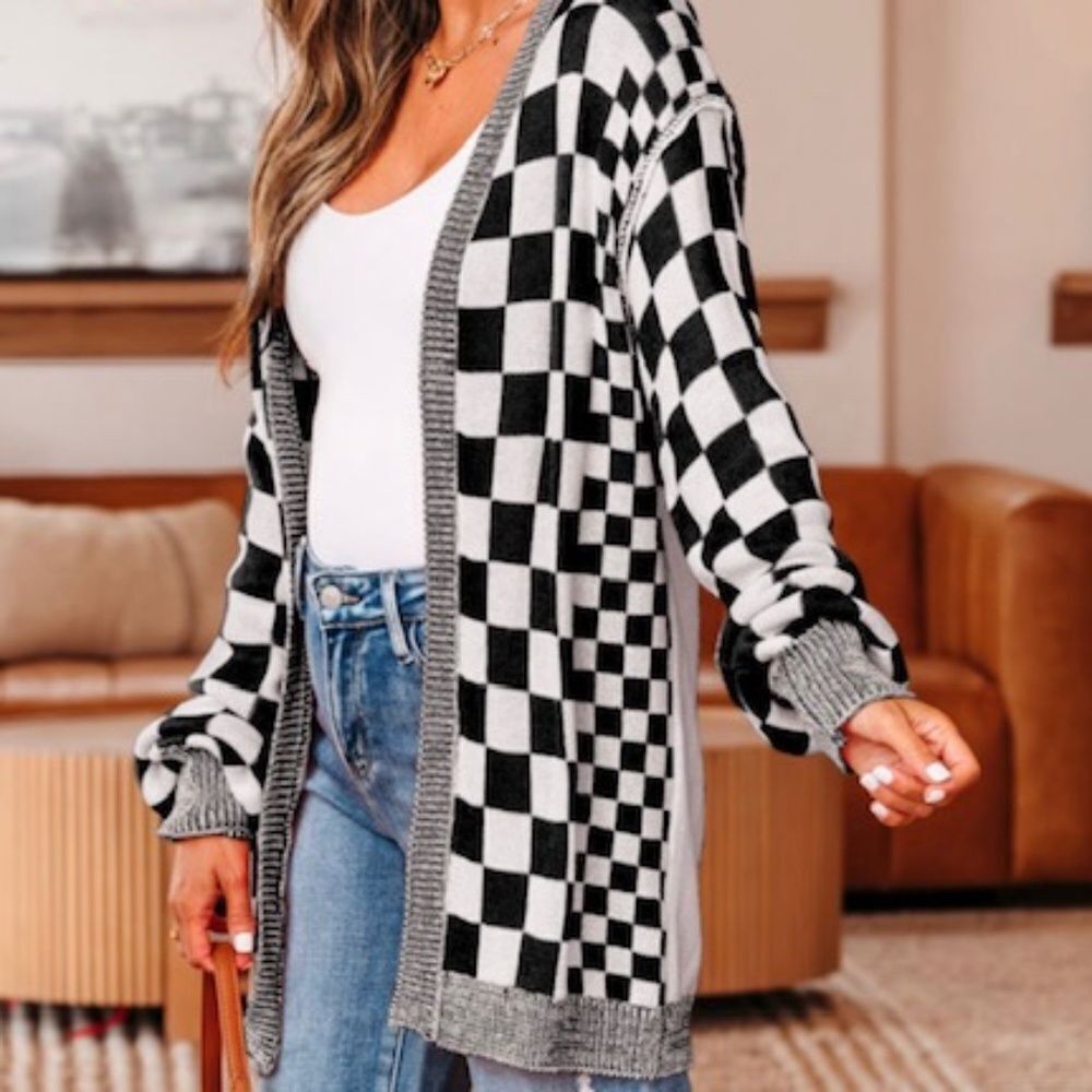 Black and White Checkered Long Cardigan